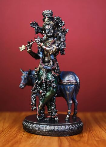 26.5 cm Bonded Bronze Lord Krishna Statue with Cow – Gopala Murti, Cow Krishna Sculpture, Perfect Housewarming Gift in Saudi Arabia