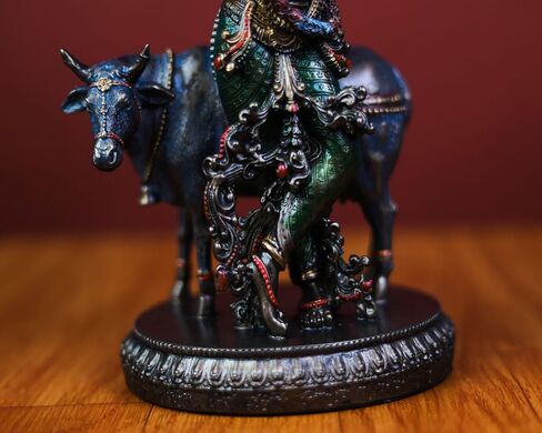 26.5 cm Bonded Bronze Lord Krishna Statue with Cow – Gopala Murti, Cow Krishna Sculpture, Perfect Housewarming Gift in Saudi Arabia