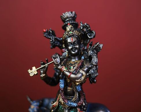 26.5 cm Bonded Bronze Lord Krishna Statue with Cow – Gopala Murti, Cow Krishna Sculpture, Perfect Housewarming Gift in Saudi Arabia