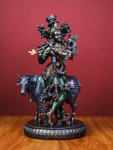 26.5 cm Bonded Bronze Lord Krishna Statue with Cow – Gopala Murti, Cow Krishna Sculpture, Perfect Housewarming Gift in Saudi Arabia