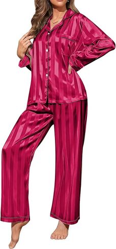 Pajamigols Womens Satin Pajamas Set 2 Piece Lounge Sets Silk Pjs Striped Loungewear Button Down Sleepwear in Saudi Arabia
