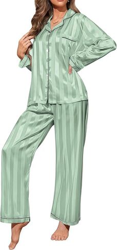 Pajamigols Womens Satin Pajamas Set 2 Piece Lounge Sets Silk Pjs Striped Loungewear Button Down Sleepwear in Saudi Arabia