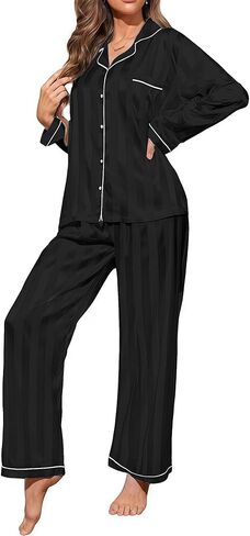 Pajamigols Womens Satin Pajamas Set 2 Piece Lounge Sets Silk Pjs Striped Loungewear Button Down Sleepwear in Saudi Arabia