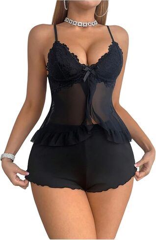 SOLY HUX Women's 2 Piece Lace Pajama Set Mesh Sheer Ruffle Deep V Neck Top and Shorts Set Nightwear in Saudi Arabia