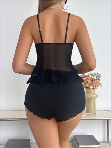 SOLY HUX Women's 2 Piece Lace Pajama Set Mesh Sheer Ruffle Deep V Neck Top and Shorts Set Nightwear in Kuwait