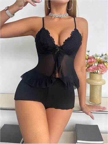 SOLY HUX Women's 2 Piece Lace Pajama Set Mesh Sheer Ruffle Deep V Neck Top and Shorts Set Nightwear in Kuwait