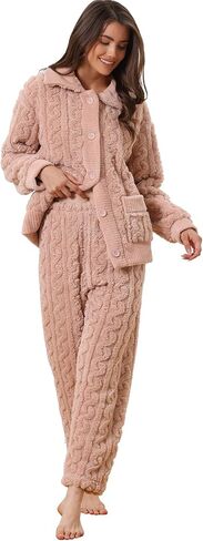 cheibear Womens Fluffy Fleece Pajama Set Soft Warm Pockets Button Down Long Sleeve Plush Fuzzy Sleepwear for Winter in Saudi Arabia