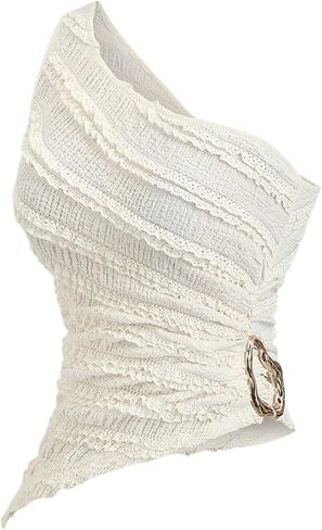Milumia Women's Ring Decor Textured Tank Top One Shoulder Sleeveless Trendy Tops in Saudi Arabia