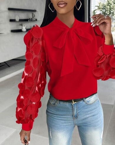 Womens Floral Pattern Chiffon Long Sleeve Pullover Shirt Tie Neck Blouse Mesh Patch Fashion Versatile Daily Date Party Wear in Saudi Arabia