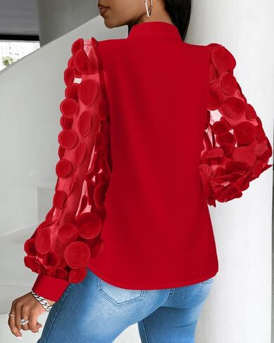 Womens Floral Pattern Chiffon Long Sleeve Pullover Shirt Tie Neck Blouse Mesh Patch Fashion Versatile Daily Date Party Wear in Saudi Arabia