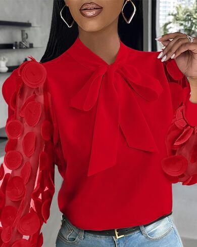 Womens Floral Pattern Chiffon Long Sleeve Pullover Shirt Tie Neck Blouse Mesh Patch Fashion Versatile Daily Date Party Wear in Saudi Arabia