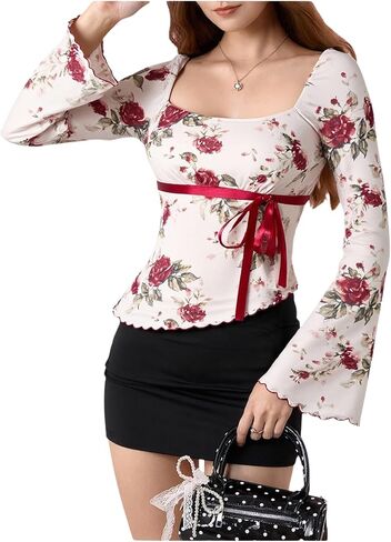 MakeMeChic Women's Boho 70s Mesh Tops Polka Dots Bell Sleeve Square Neck Peplum Blouse Top in Saudi Arabia
