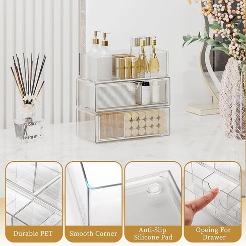 EAROND Medicine Cabinet Organizer with Removable Dividers, 3-Tier Stackable Drawer Storage for Bathroom, RV, Vanity, Countertop & Desk in Saudi Arabia