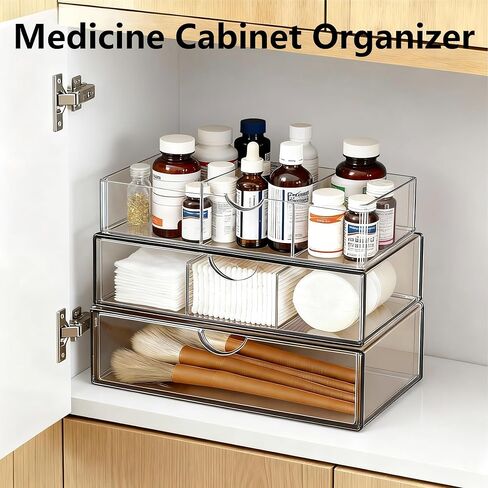 EAROND Medicine Cabinet Organizer with Removable Dividers, 3-Tier Stackable Drawer Storage for Bathroom, RV, Vanity, Countertop & Desk in Saudi Arabia