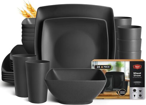 Teivio 24-piece Plastic Wheat Straw Square Dinnerware Set for 6, Unbreakable Dinner Plates, Salad Plates, Snack Bowls, Tumblers 20 oz, Dishwasher Safe, Stone in Kuwait