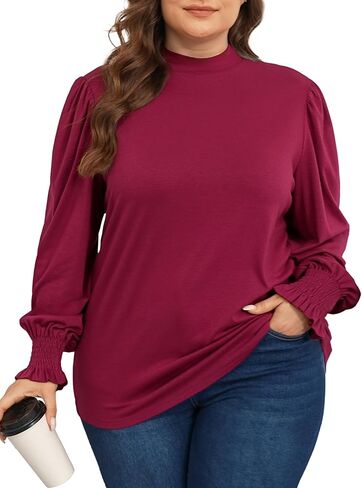 FOREYOND Plus Size Blouses for Women Dressy Casual Puff Long Sleeve Shirts Mock Neck Business Casual Tops Trendy Fall Outfits in Saudi Arabia
