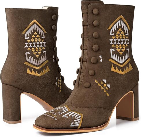JANSEVEN Suede Ankle Booties For Women Embroidered Chunky Heel Boots Mid Heel Boot Square Toe Comfortable Short Boots with Zipper in Saudi Arabia