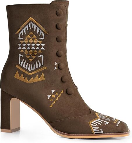 JANSEVEN Suede Ankle Booties For Women Embroidered Chunky Heel Boots Mid Heel Boot Square Toe Comfortable Short Boots with Zipper in Saudi Arabia