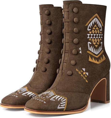 JANSEVEN Suede Ankle Booties For Women Embroidered Chunky Heel Boots Mid Heel Boot Square Toe Comfortable Short Boots with Zipper in Saudi Arabia