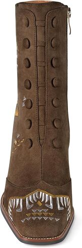 JANSEVEN Suede Ankle Booties For Women Embroidered Chunky Heel Boots Mid Heel Boot Square Toe Comfortable Short Boots with Zipper in Saudi Arabia