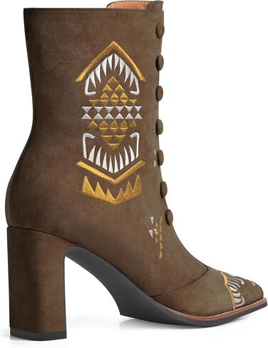 JANSEVEN Suede Ankle Booties For Women Embroidered Chunky Heel Boots Mid Heel Boot Square Toe Comfortable Short Boots with Zipper in Saudi Arabia