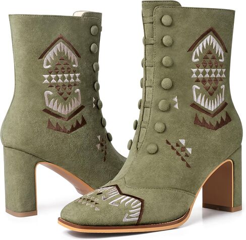 JANSEVEN Suede Ankle Booties For Women Embroidered Chunky Heel Boots Mid Heel Boot Square Toe Comfortable Short Boots with Zipper in Saudi Arabia