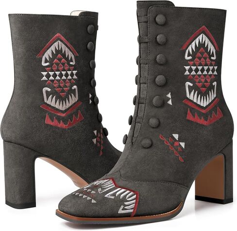 JANSEVEN Suede Ankle Booties For Women Embroidered Chunky Heel Boots Mid Heel Boot Square Toe Comfortable Short Boots with Zipper in Saudi Arabia
