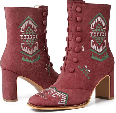 JANSEVEN Suede Ankle Booties For Women Embroidered Chunky Heel Boots Mid Heel Boot Square Toe Comfortable Short Boots with Zipper in Saudi Arabia