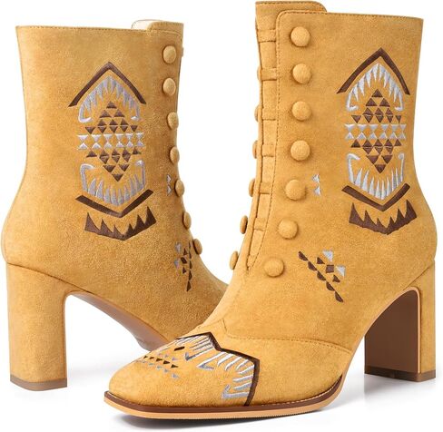 JANSEVEN Suede Ankle Booties For Women Embroidered Chunky Heel Boots Mid Heel Boot Square Toe Comfortable Short Boots with Zipper in Saudi Arabia