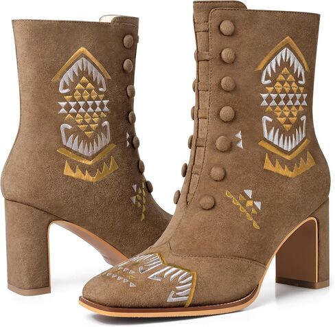 JANSEVEN Suede Ankle Booties For Women Embroidered Chunky Heel Boots Mid Heel Boot Square Toe Comfortable Short Boots with Zipper in Saudi Arabia