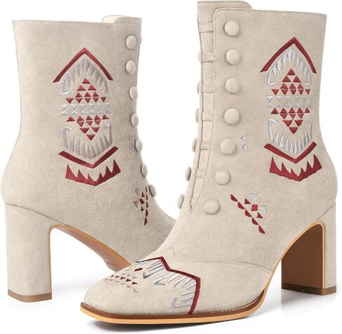 JANSEVEN Suede Ankle Booties For Women Embroidered Chunky Heel Boots Mid Heel Boot Square Toe Comfortable Short Boots with Zipper in Saudi Arabia