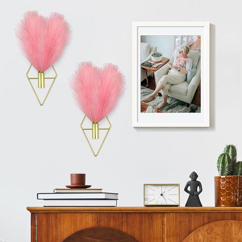 FjiProu Boho Wall Decor Gold Wall Art - 2PCS Wall-Mounted Metal Art with 6 Hooks, Hanging Artificial Reeds, Wall Decor Modern Home Display Art for Bedroom, Bathroom, Office, Living Room(Gold, Pink) in Saudi Arabia
