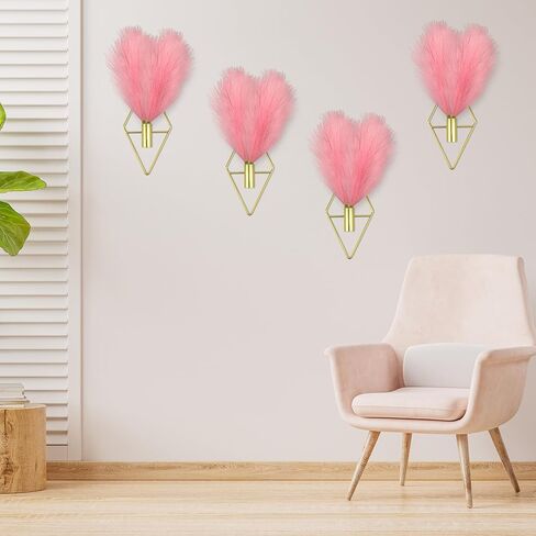 FjiProu Boho Wall Decor Gold Wall Art - 2PCS Wall-Mounted Metal Art with 6 Hooks, Hanging Artificial Reeds, Wall Decor Modern Home Display Art for Bedroom, Bathroom, Office, Living Room(Gold, Pink) in Saudi Arabia