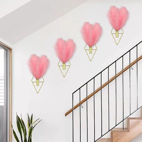 FjiProu Boho Wall Decor Gold Wall Art - 2PCS Wall-Mounted Metal Art with 6 Hooks, Hanging Artificial Reeds, Wall Decor Modern Home Display Art for Bedroom, Bathroom, Office, Living Room(Gold, Pink) in Saudi Arabia