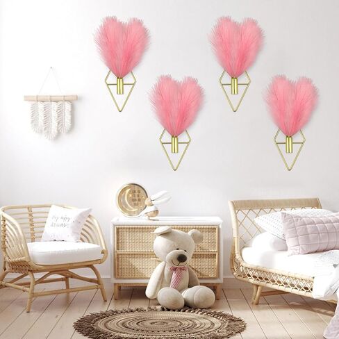 FjiProu Boho Wall Decor Gold Wall Art - 2PCS Wall-Mounted Metal Art with 6 Hooks, Hanging Artificial Reeds, Wall Decor Modern Home Display Art for Bedroom, Bathroom, Office, Living Room(Gold, Pink) in Saudi Arabia