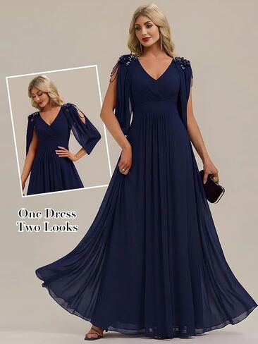 Ever-Pretty Women's Trendy Chiffon V-Neck Formal Evening Dress Convertible Applique Sleeves Mother of Bride Dresses in Saudi Arabia