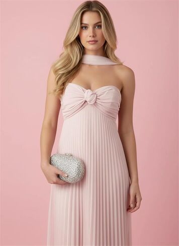 فستان Lanbaodress بدون حمالات شيفون للحفلات الراقصة للنساء طويل مطوي متدفق لوصيفة العروس زفاف ضيف ماكسي مع وشاح in Kuwait
