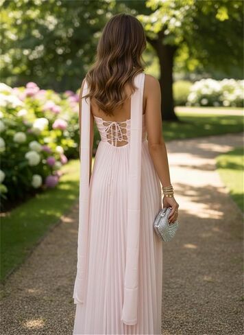 فستان Lanbaodress بدون حمالات شيفون للحفلات الراقصة للنساء طويل مطوي متدفق لوصيفة العروس زفاف ضيف ماكسي مع وشاح in Kuwait