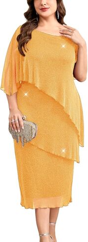 CYCLAMEN Plus Size Mother of The Bride Dress Sparkly Mesh Cape Sleeve Tiered Midi Dresses Wedding Guest Cocktail Party in Saudi Arabia
