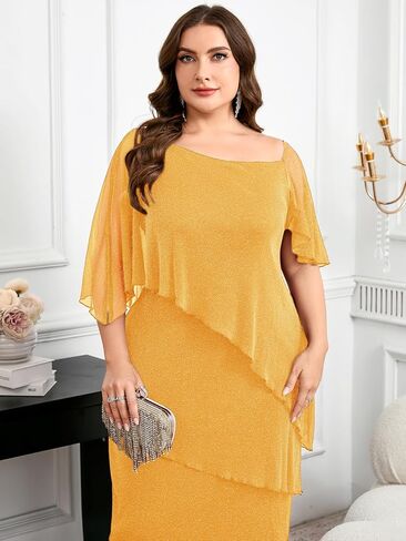 CYCLAMEN Plus Size Mother of The Bride Dress Sparkly Mesh Cape Sleeve Tiered Midi Dresses Wedding Guest Cocktail Party in Saudi Arabia