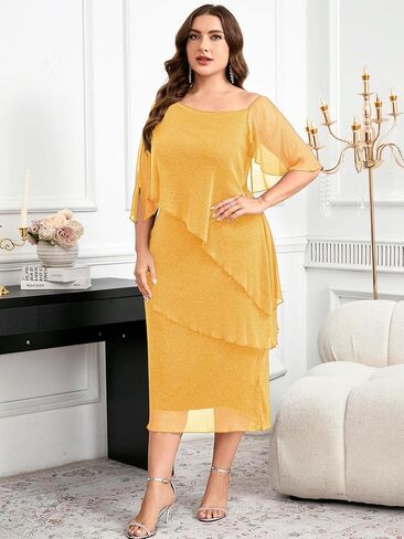 CYCLAMEN Plus Size Mother of The Bride Dress Sparkly Mesh Cape Sleeve Tiered Midi Dresses Wedding Guest Cocktail Party in Saudi Arabia