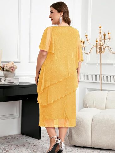 CYCLAMEN Plus Size Mother of The Bride Dress Sparkly Mesh Cape Sleeve Tiered Midi Dresses Wedding Guest Cocktail Party in Saudi Arabia