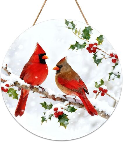 Tuquland Winter Cardinal Front Door Sign, 11.8 Inch Wooden Christmas Door Decor, Outdoor Indoor Wall Hanging Plaque with Snow Scene, Winter Holiday Cardinal Bird Door Ornament for Home Porch Entryway in Saudi Arabia