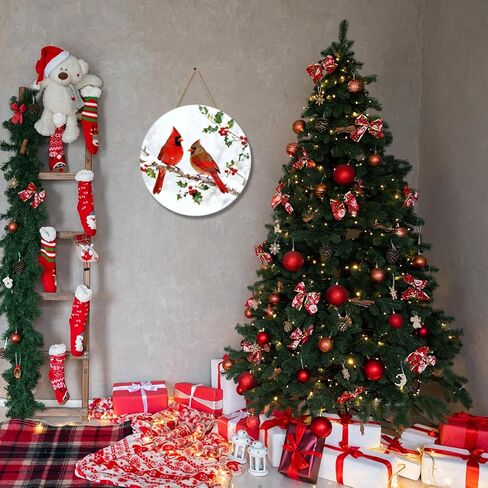 Tuquland Winter Cardinal Front Door Sign, 11.8 Inch Wooden Christmas Door Decor, Outdoor Indoor Wall Hanging Plaque with Snow Scene, Winter Holiday Cardinal Bird Door Ornament for Home Porch Entryway in Saudi Arabia