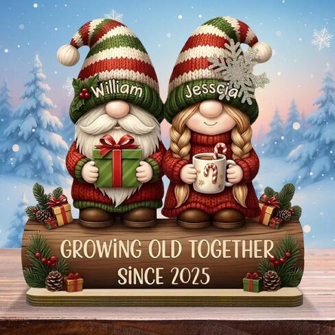 FAMITRENDZ Personalized Growing Old Together Gnome Plaque, Custom Name Gnome Couple Figurines Standing Wooden Plaque, Older Couple Sign, Christmas Anniversary Wedding Gift for Couples, Grandparents 3 in Saudi Arabia