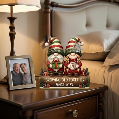 FAMITRENDZ Personalized Growing Old Together Gnome Plaque, Custom Name Gnome Couple Figurines Standing Wooden Plaque, Older Couple Sign, Christmas Anniversary Wedding Gift for Couples, Grandparents 3 in Saudi Arabia
