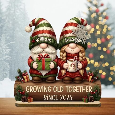 FAMITRENDZ Personalized Growing Old Together Gnome Plaque, Custom Name Gnome Couple Figurines Standing Wooden Plaque, Older Couple Sign, Christmas Anniversary Wedding Gift for Couples, Grandparents 3 in Saudi Arabia