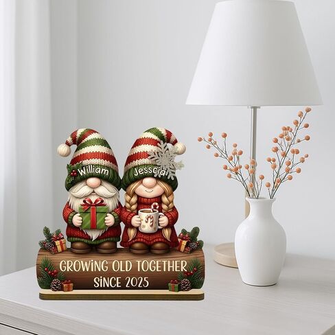 FAMITRENDZ Personalized Growing Old Together Gnome Plaque, Custom Name Gnome Couple Figurines Standing Wooden Plaque, Older Couple Sign, Christmas Anniversary Wedding Gift for Couples, Grandparents 3 in Saudi Arabia