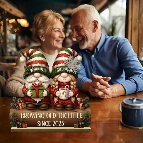 FAMITRENDZ Personalized Growing Old Together Gnome Plaque, Custom Name Gnome Couple Figurines Standing Wooden Plaque, Older Couple Sign, Christmas Anniversary Wedding Gift for Couples, Grandparents 3 in Saudi Arabia