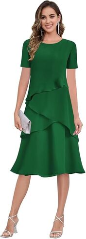 FUGYLIRU Women's Chiffon Crew Neck Short Sleeve Tiered Ruffle Midi Dress Elegant Formal Wedding Guest Gown in Saudi Arabia